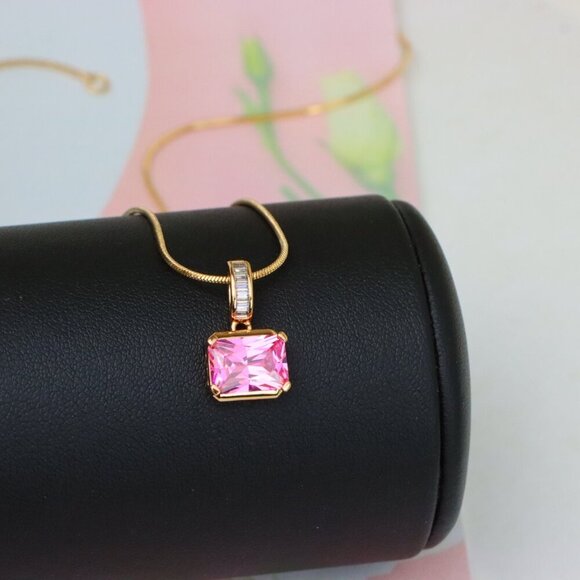 "Chic Pink Emerald Cut Pendant with Baguette Bail in Rose Gold Tone, XPPT1780 - Picture 5 of 13